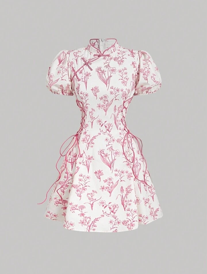 Floral Chinese Style Puff Sleeve Short Dress