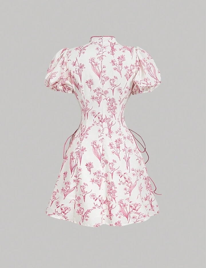 Floral Chinese Style Puff Sleeve Short Dress