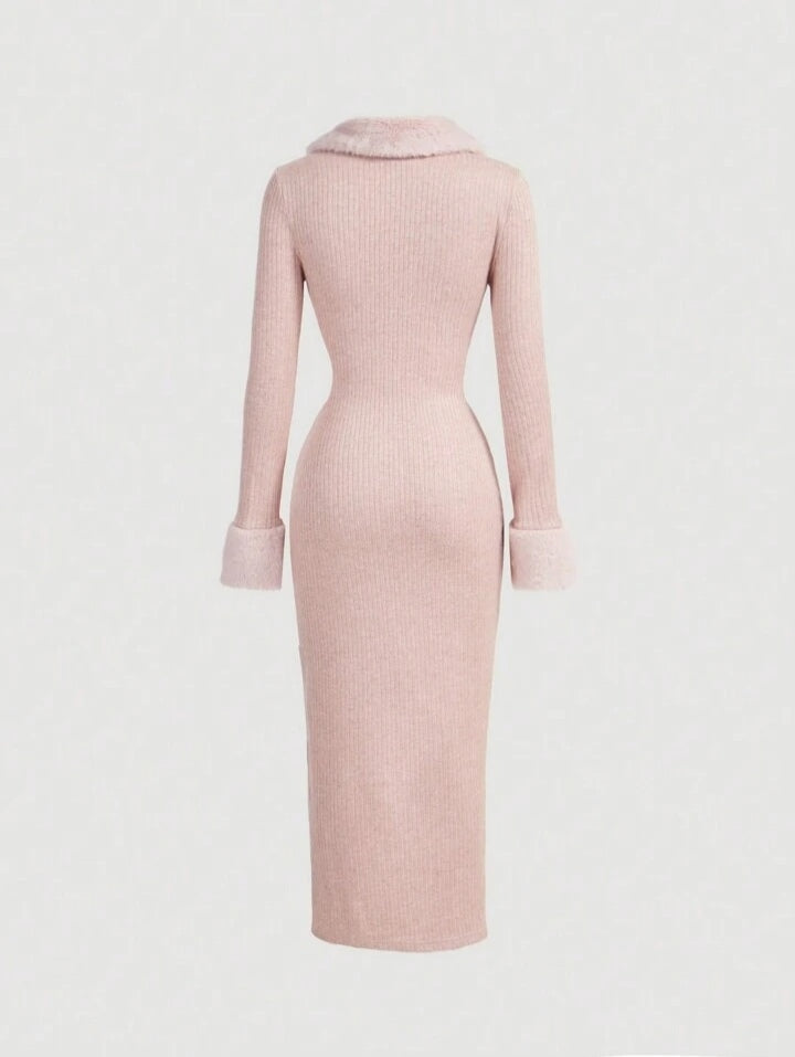 Pink Fuzzy Collar High Slit Bodycon Knitted Dress