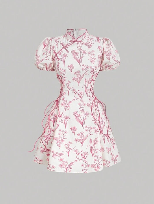 Floral Chinese Style Puff Sleeve Short Dress