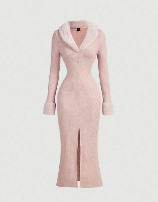 Pink Fuzzy Collar High Slit Bodycon Knitted Dress