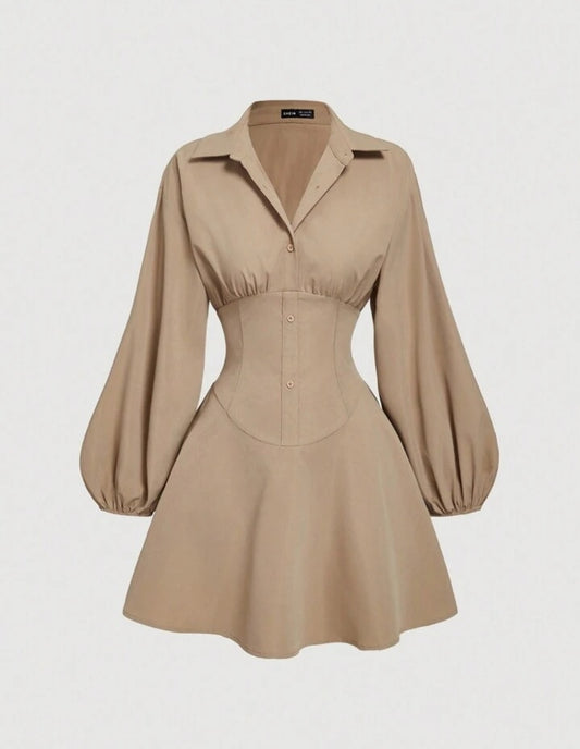 Fitted Long Sleeve Khaki Shirt Dress